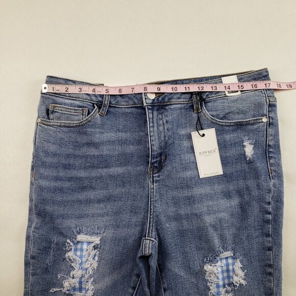 Judy Blue Gingham Distressed Jean Womens 15/32 Blue Raw Hem High Rise Skinny NEW - Picture 13 of 13